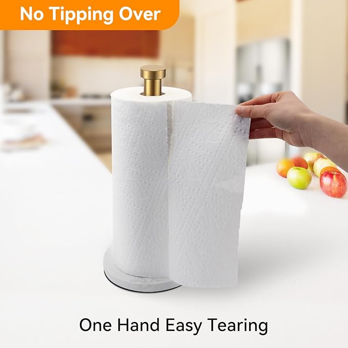 Gold Paper Towel Holder, Standing Paper Towel Holder with Weighted Marble Base for Kitchen Bathroom, Countertop Marble Paper Towel Roll Holder for Standard or Jumbo-Sized