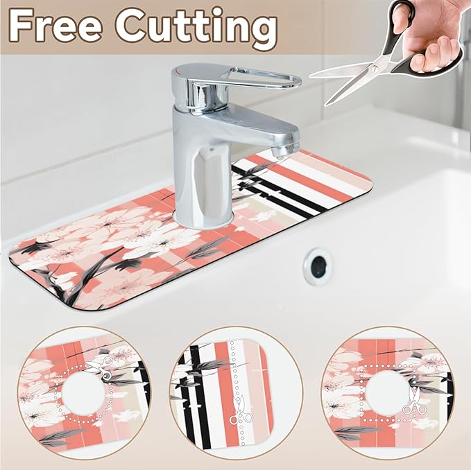 Petals Stripe Kitchen Faucet Mat Splash Guard, 15.4”x5.7” Absorbent Quick Drying Sink Mat for Countertop Protection, Draining Mat Sink Protectors For Kitchen Bathroom, 1 Pack