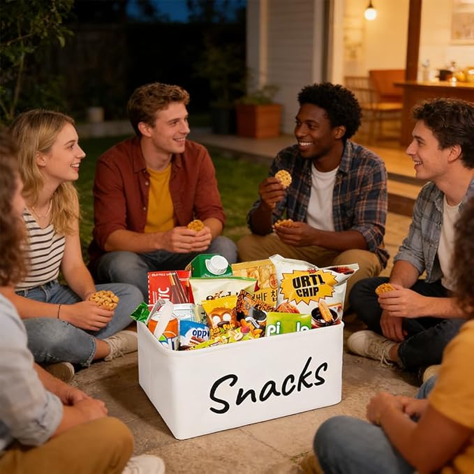 Snack Organizer Basket for Home Office: Snack Storage Bin for Pantry Shelf Countertop (White)