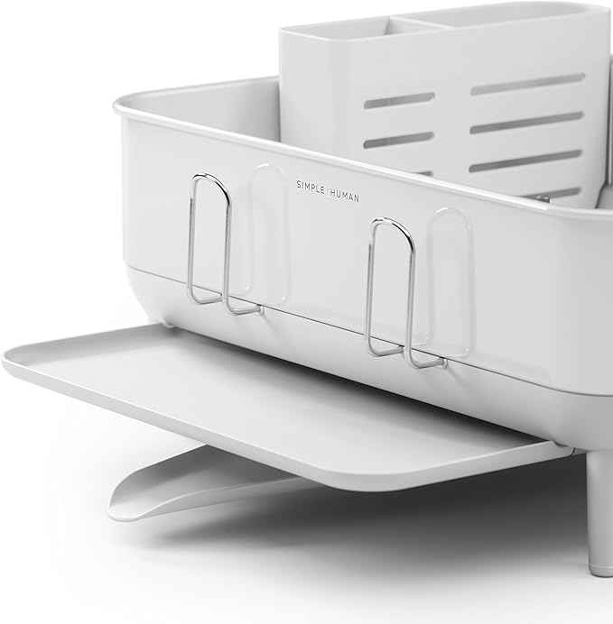 simplehuman Compact Dish Drying Rack with Stainless Steel Frame, 360º Easy Drain Swivel Spout, Utensil Holder, Anti-Residue Coating, Moisture Control Surface, White