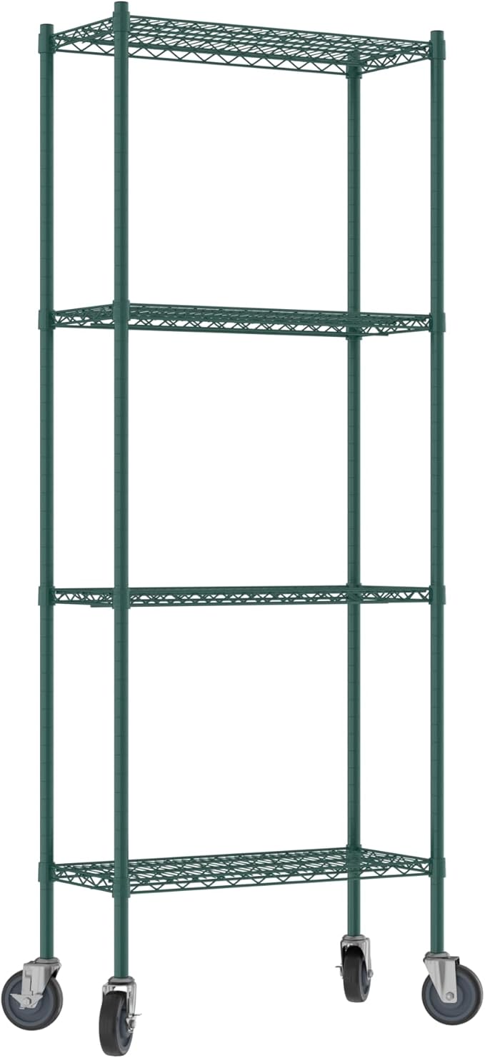 Commercial NSF Listed Green Epoxy Mobile Wire Shelving Kit 14" x 30" x 80", with 4 Shelves Perfect for Warehouse, Walk-in Refrigerator, Freezer, Grocery Store, Restaurant, Dishroom
