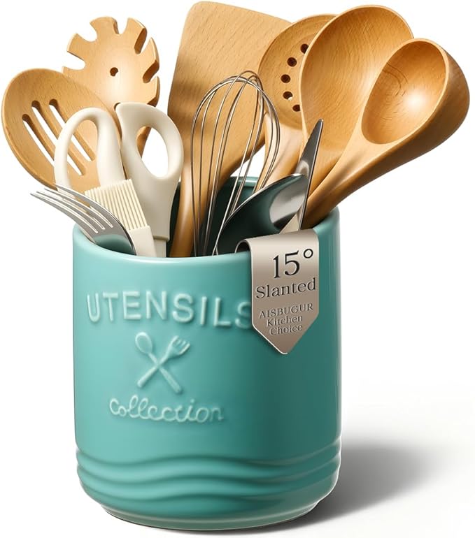 AISBUGUR Large Ceramic Utensil Holder 7.5" H×6.3" W with Slanted Mouth - Utensil Crock with Non-Slip Cork Base for Kitchen Counter, Ideal for Decor & Gift,Blue