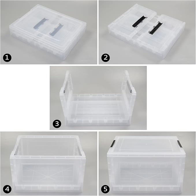 Qsbon Qskely 30 L Clear Plastic Collapsible Storage Crate, Folding Storage Box with Lid, 4-Pack