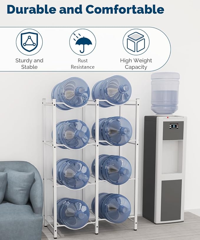 mocomax 5 Gallon Water Jug Rack, Detachable Water Bottle Holder for 8 Bottles, 4 Tier Heavy Duty Water Cooler Jug Rack, Water Bottle Organizer Storage Rack for Kitchen, Office, Living Room, White