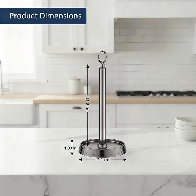 Paper Towel Holder With Heavy Weighted Base - Steel Countertop Stand for Kitchen, Bars & Dining Tables - Fits Standard & Jumbo Rolls - Brushed Nickel