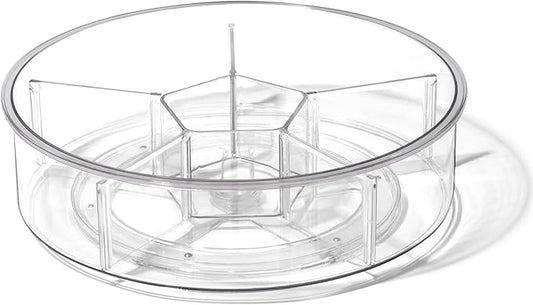 BINO Plastic Round Turntable Organizer with 6 Compartments - Clear | Spinning Divided Turntable Container | Rotating Organizer Storage for Bottle Condiments Fridge Kitchen Counter Pantry Bathroom