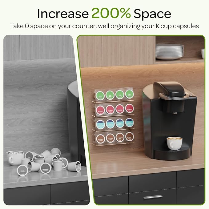 K Cup Holders, Acrylic Coffee Pods Organizer Stand Magnetic & Self-Adhesive Wall Mounted K Cup Stand for Kitchen Wall, Cabinet, Fridge (4 Pack for 16 Pods)