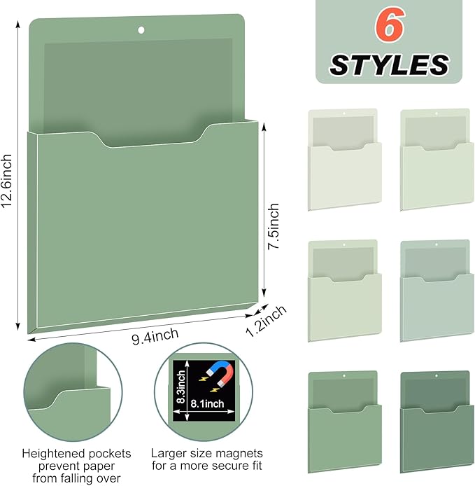 Fuutreo 6 Pcs Magnetic Wall File Organizer Magnetic Wall File Holder Refrigerator Magazine Holder for Mail Letters Paper(Sage Green,12.2 x 9.4 Inch)