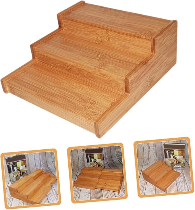 Expandable Bamboo Spice Rack 3-Tier Kitchen Condiment Organizer Space Saving Countertop Seasoning Storage Shelf for Jars and Bottles