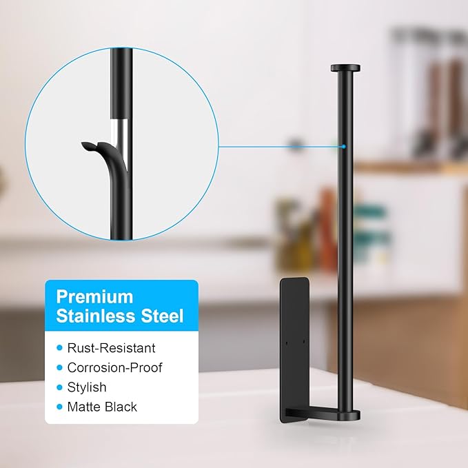 Black Paper Towel Holder Under Cabinet, Adhesive Under Counter Paper Towel Holder Wall Mount Towel Rack, No Drilling Toilet Paper Roll Holders for Kitchen Bathroom Fridge Pantry Garage RV Essentials