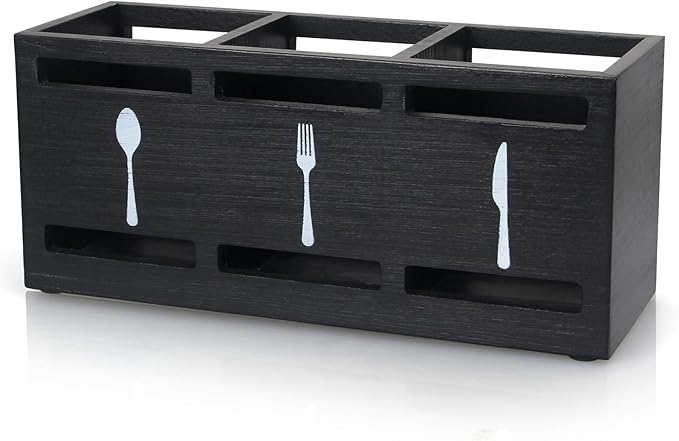 Ayiaren Wooden Silverware Caddy Flatware Cutlery Holder Wood Silverware Organizer Containers Small Black Kitchen Utensil Holder for Countertop Spoon and Fork Holder Flatware Utensils Caddy for Party