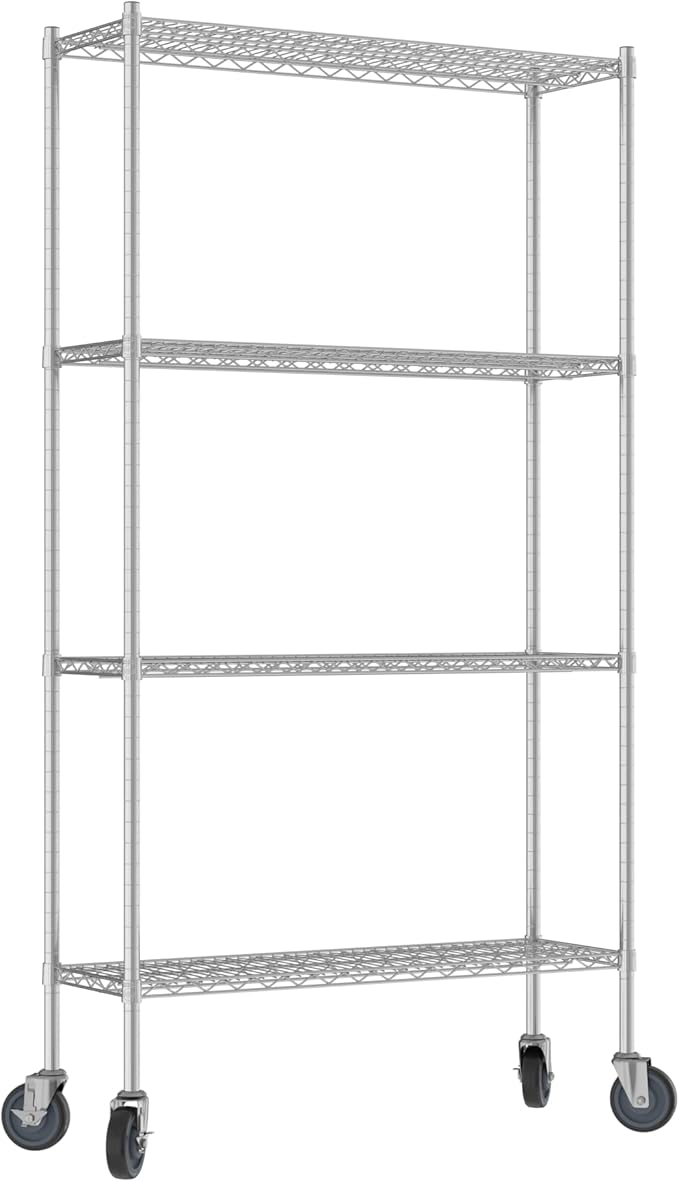 Commercial NSF Listed Chrome Mobile Wire Shelving Kit 14" x 42" x 80", with 4 Shelves Perfect for Warehouse, Walk-in Refrigerator, Freezer, Grocery Store, Restaurant, Dishroom