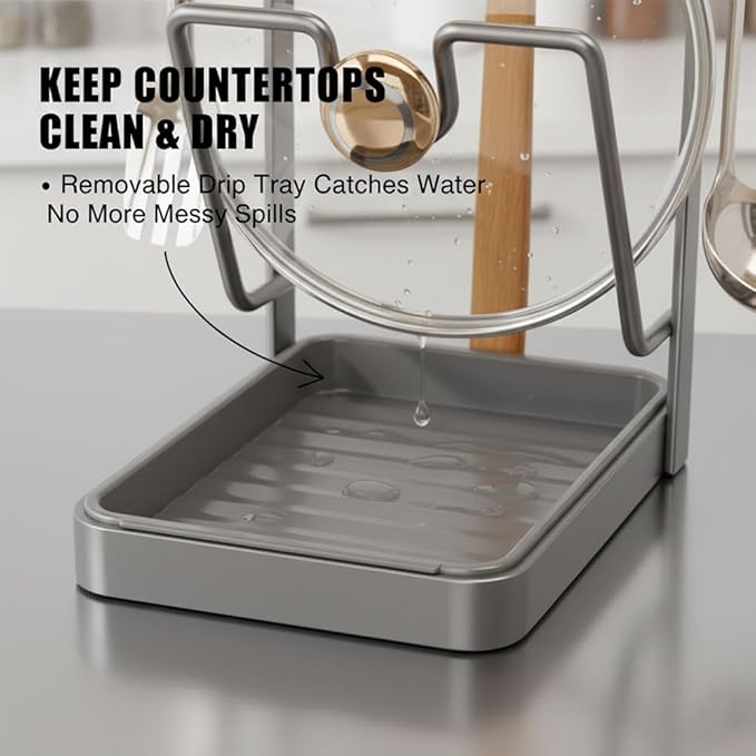Kitchen Pot Lid Storage Rack, Pot Lid Organizer Rack—The Ultimate Christmas Kitchen Organizer, Multifunctional Utensils Pan Pot Cover Lid Rack Shelf for Pots Lids, Spatulas (Gray-Double Layer)