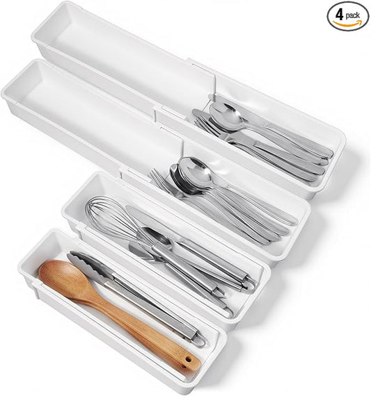 4pcs white drawer organizer Expandable drawer dividers vanity Drawers Storage Tray Expandable drawers organizer trays Dividers to Organize and Store for Bedroom, Bathroom, Kitchen Utensils