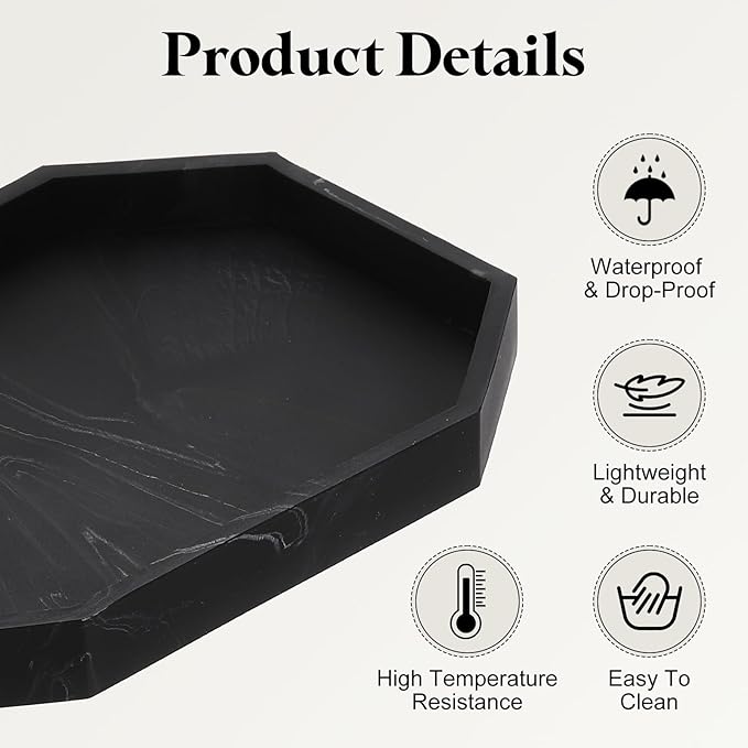 uxcell Bathroom Vanity Tray, 7.9" x 6" Octagon Silicone Soap Dispenser Trays, Shatterproof Kitchen Sink Organizer for Soaps Keys Candle Trinket, Marble Black