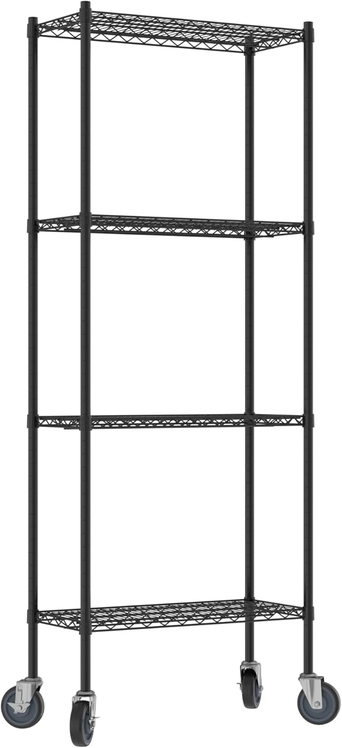 Commercial NSF Listed Black Epoxy Mobile Wire Shelving Kit 14" x 30" x 80", with 4 Shelves Perfect for Warehouse, Walk-in Refrigerator, Freezer, Grocery Store, Restaurant, Dishroom