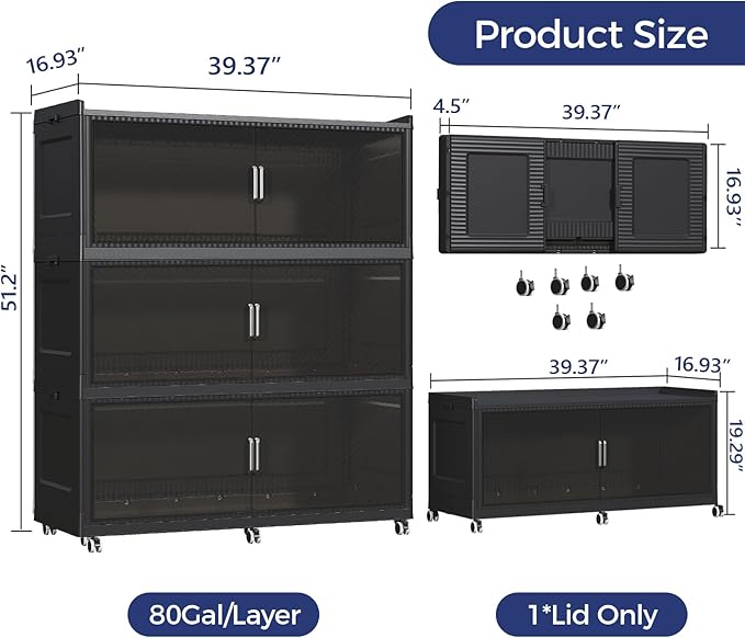QAVABIN 240GAL Extra Large Storage Bins with Lid, 960QT Collapsible Organizer with Wheels, Stackable Closet Cabinet with Doors, Folding Storage Containers for Home, Office, Kitchen, 3Pack Black