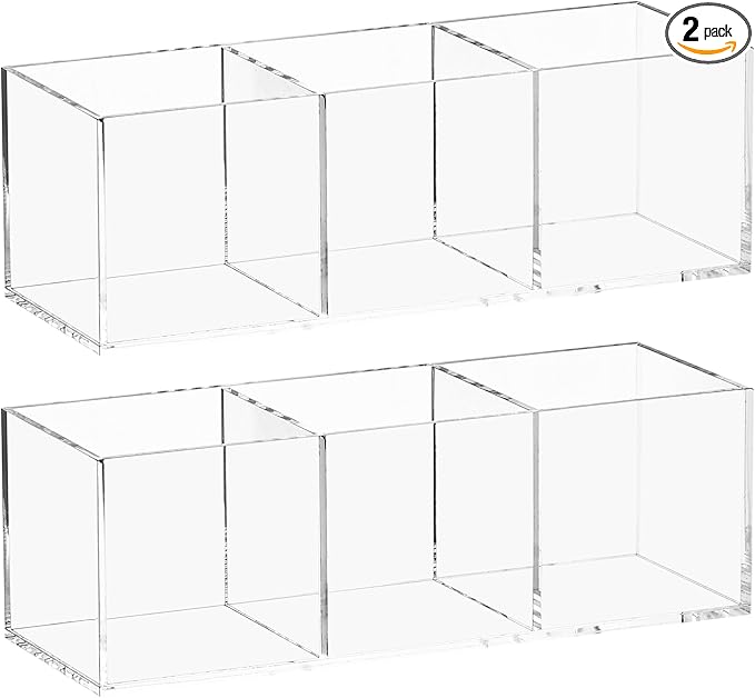 dedoot Acrylic Drawer Organizer, Clear 3 Compartment Makeup Organizer and Storage Small Clear Vanity Organizers for Makeup Brush, Home and Office Supplies, 7x2x2inch，2 Pack
