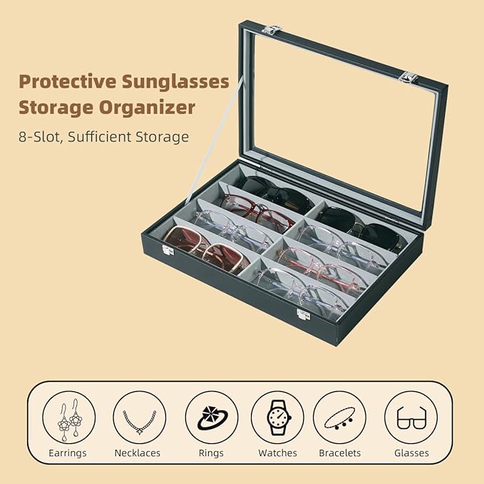 Glasses Holder Box Drawer Sunglass Organizer for Men Clear Wide Storage Case 8 Slots Multiple Reading Glasses Display, Black Leather With Clear Glass Lid
