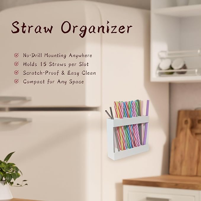 White Acrylic Straw Holder & Tumbler Organizer for Cabinet Door, Countertop – Reusable Straw Storage Dispenser, Kitchen Cabinet Organizer for Straws, Accessories (white)