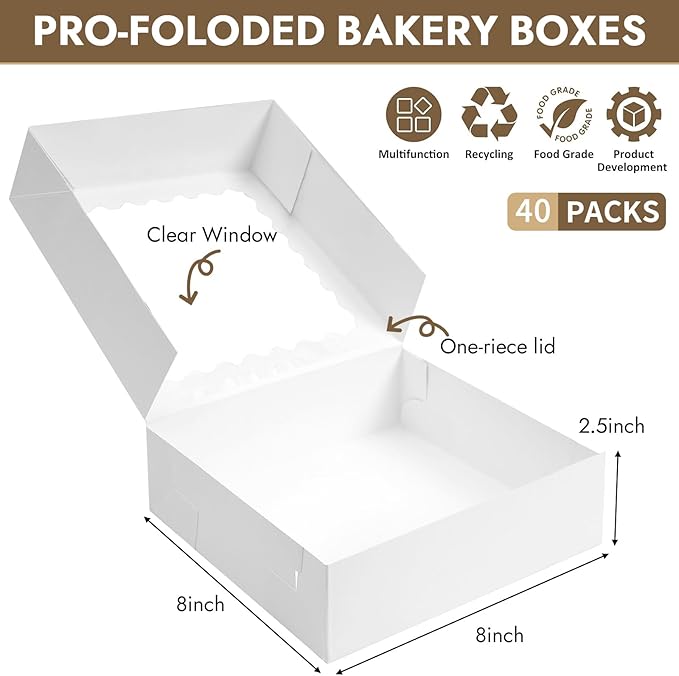 40 pcs 8x8x2.5 Inches Cake Box with Window, Bakery Pastry Cookie Boxes, Mini Pie for Pastry,Dessert,Strawberries,Chocolates（White）