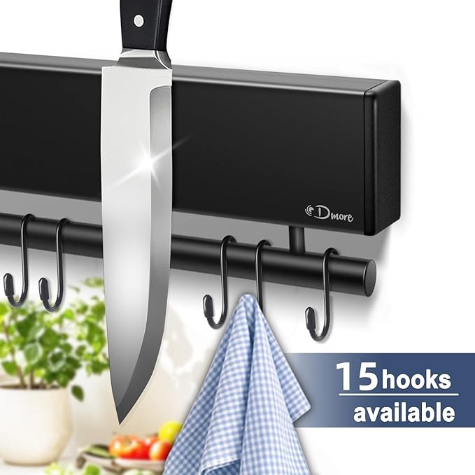 Dmore magnetic knife holder for wall—with 15 hooks, No Drilling 23 Inch black knife magnetic strip, Extra Strong Magnet knife rack, include Adhesive Tape and screws for Knives and Tools