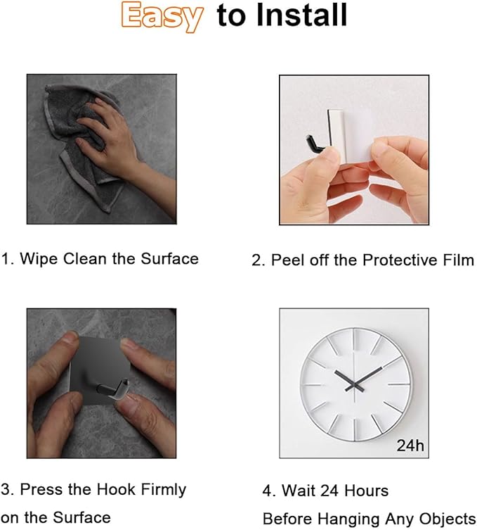 EDMILE Adhesive Towel Hooks for Bathrooms, 8 Piece Towel Hooks for Hanging Hat Robe Coat, Stick on Hooks for Kitchens, Strong Self-Adhesive No Damage Sticky Hook, Black