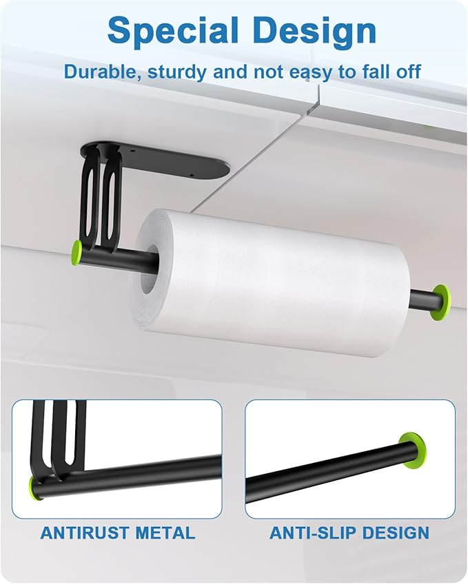 Paper Towel Holder - Kerisgo Paper Towels Holder Under Cabinet for Kitchen,Strong Adhesive Paper Towel Roll Rack for Bathroom,Wall Mounted Toilet Paper Holder for Cabinet,Vanity,Sink,RV(Matte Black)