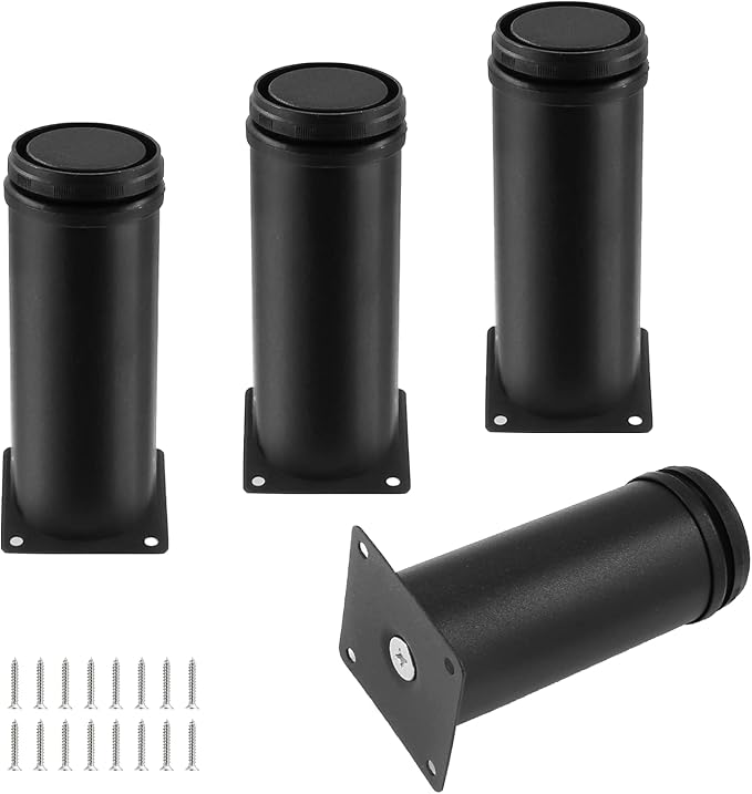 Set of 4 Stainless Steel Furniture Legs 5 Inch, Adjustable Round Cabinet Legs 2" Dia Kitchen Feet, Metal Replacement Legs for Cabinet Sofa Couch Shelves Table (Black)