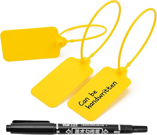 50pcs Luggage Tags Plastic Seals Shipping Label Logistics Sign Tie Bag Tag, Sealing Storage Multi Purpose Name ID Tag with Marker for Suitcases, Backpack, Schoolbag, Car Key (Yellow)