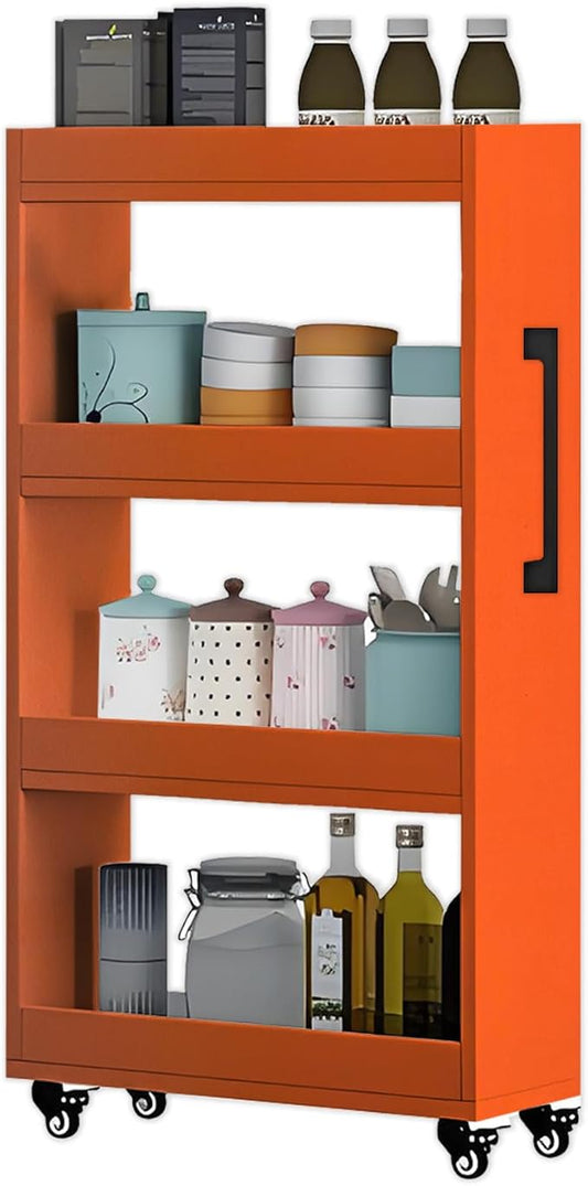 7-Tier Slim Rolling Storage Cart, Wooden Narrow Pantry Cabinet with Wheels, Tall Space-Saving Shelf Organizer for Kitchen, Laundry, Bathroom (Orange, 47.2" H*5.9" W*23.6" D)