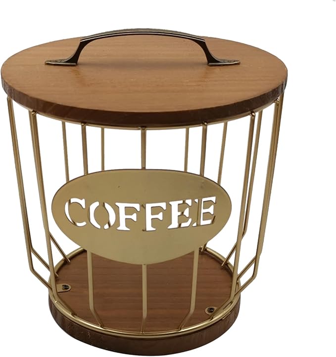 Round Coffee Pods Holder with Wooden Lid and Base,Wire Coffee Pods Storage Basket for Home Cafe Bar Countertop Decor(Gold)