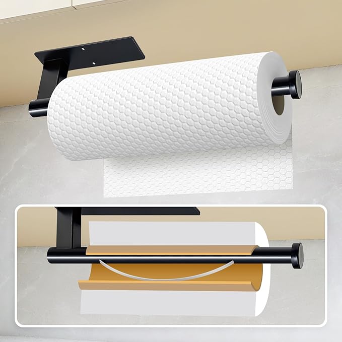 Paper Towel Holder Under Cabinet, Single Hand Operable Tearing Off Paper Towels with Damping Effect, Both Available in Adhesive and Screws, Stainless Steel (Black)