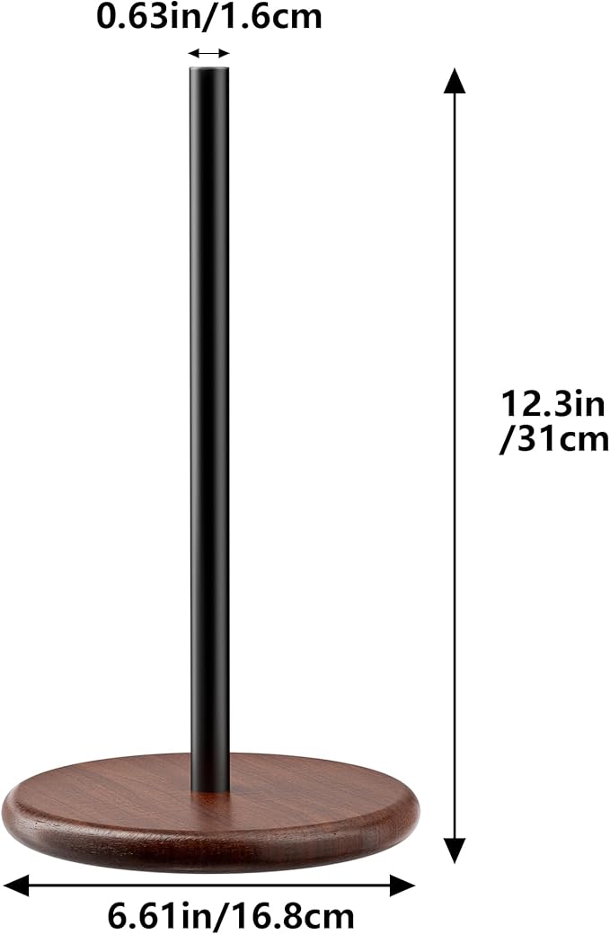 Paper Towel Holder with Wooden Base, Kitchen Countertop Paper Towel Stand, Brown Wood Base with Black Stainless Steel Post, Farmhouse Roll Dispenser.