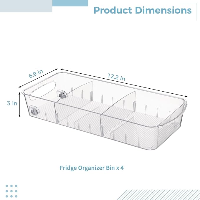4 PCS Fridge Organizer Bins With Wheels, Roll Out Refrigerator Organizers Storage Refrigerator Drawers With Dividers, Plastic Pantry Storage Trays for Kitchen Organization