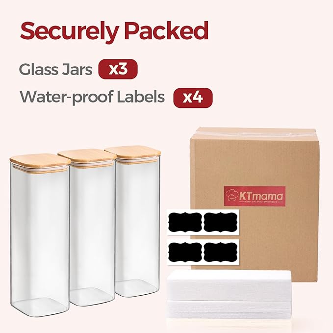 Rectangle Glass Storage Containers with Lids, Glass Jars with Bamboo Lids for Spaghetti, Pasta, Kitchen Pantry Storage Containers (2 pack 2.2qt)