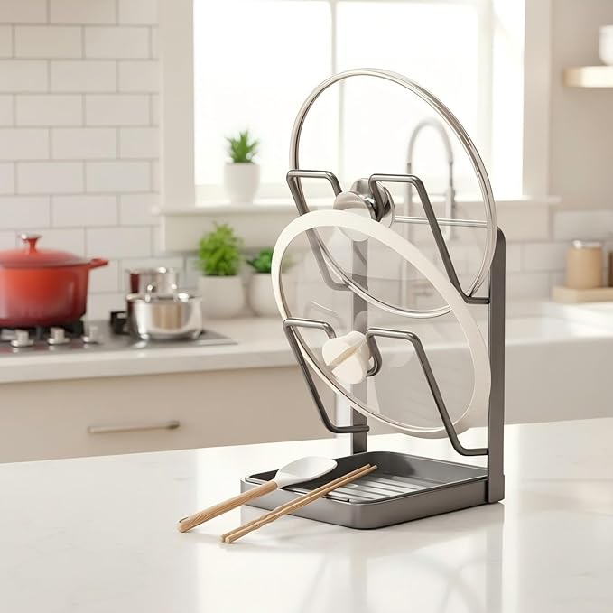 Pot Lid Organizer, Pot Lid Holder, Kitchen Pots Lids Storage Rack, Pots Cover Holder Rack, Pan Lids Holders While Cooking, For Various Lids and Utensils, With Removable Drip Tray (grey- A)