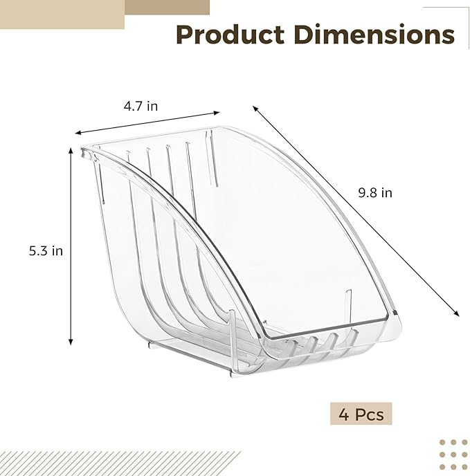 4 Pcs Paper Plate Holders, 9.8" Transparent Dish Racks, Vertical Plate Dispensers with 5 Slots, Compact Clear Bowl Organizers, Kitchen Cabinet Countertop Storage Shelves