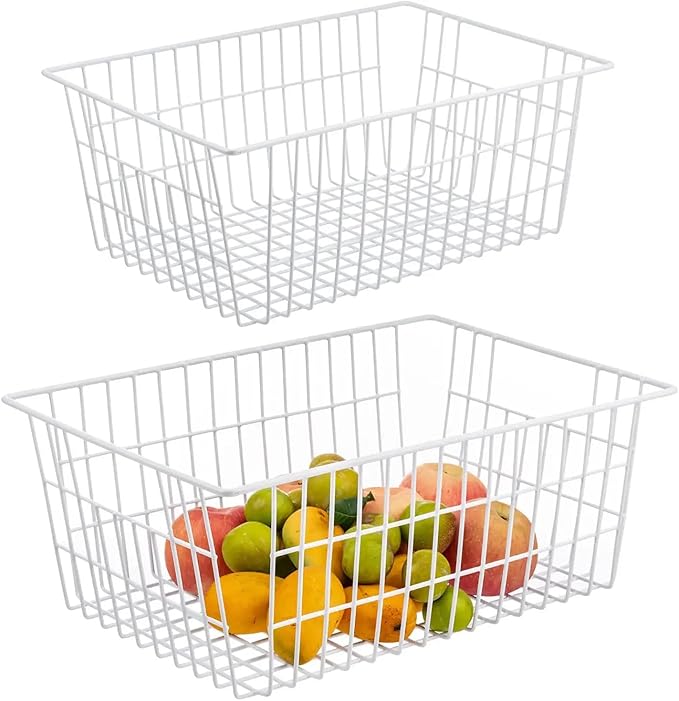 GEDLIRE 15.2" Metal Wire Baskets for Organizing 6 Pack, Household Pantry Storage Freezer Organizer Bins with Handles, Freezer Baskets for Upright Freezer, Refrigerators, Kitchen Cabinets, White