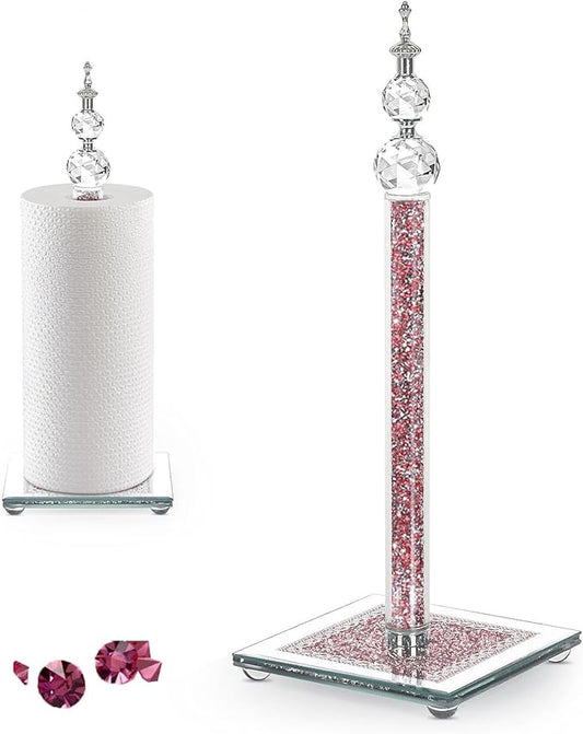 Crystal Paper Towel Holder, Bling Pink Paper Towel Roll Holder, Decorative Standing Paper Towel Holder for Kitchen Countertops Bathroom, Paper Towel Dispenser with Weighted Base (Square/Pink)