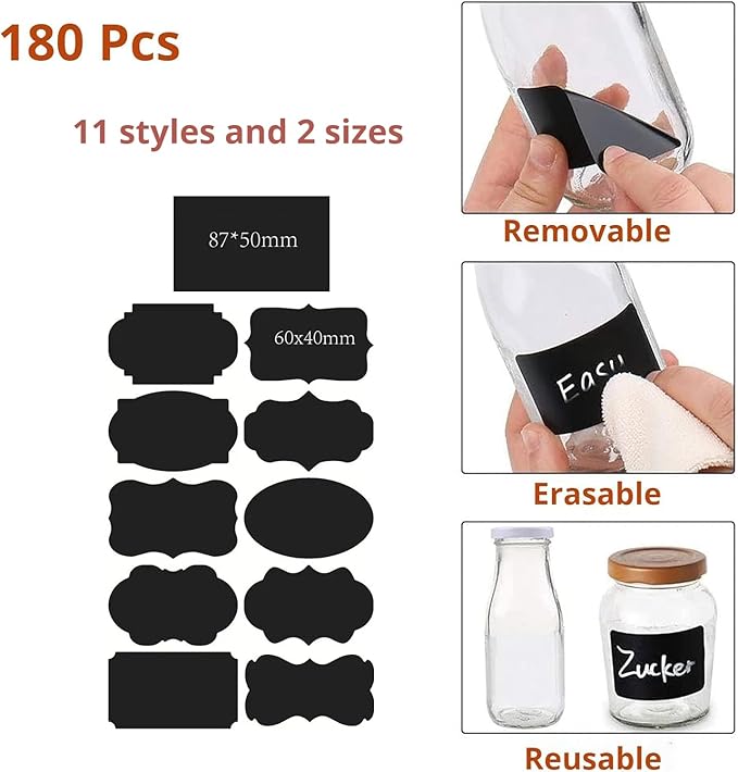 Chalkboard Labels for Food containers, 180 Pcs Label Stickers with 2 White Liquid Chalk Markers, 11 Assorted Shapes in 2 Sizes Bottle Labels for Jars, Storage Bins