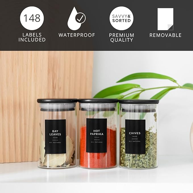 SAVVY & SORTED Black Spice Labels for Jars, 148 Preprinted Organizing Stickers Designed for Spices Storage Glass Bottles for Herbs Seasonings, Kitchen Pantry Organization