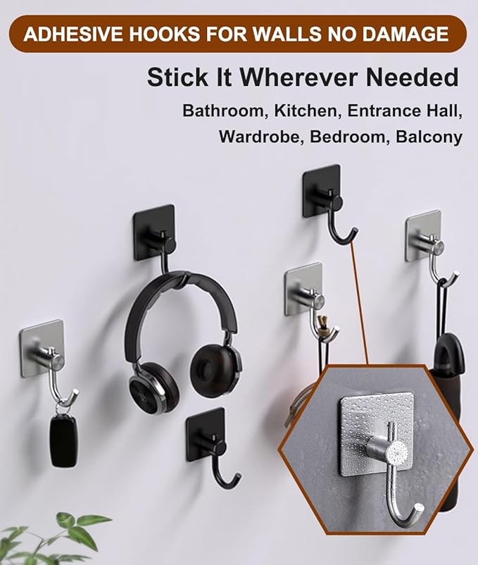 EDMILE Self Adhesive Towel Hooks for Bathrooms, Sturdy Wall Hooks for Walls No Damage, Waterproof Rustproof Stainless Steel Sticky Hooks for Hanging Shower, Bathroom, Kitchen, Robe, Coat, Silver