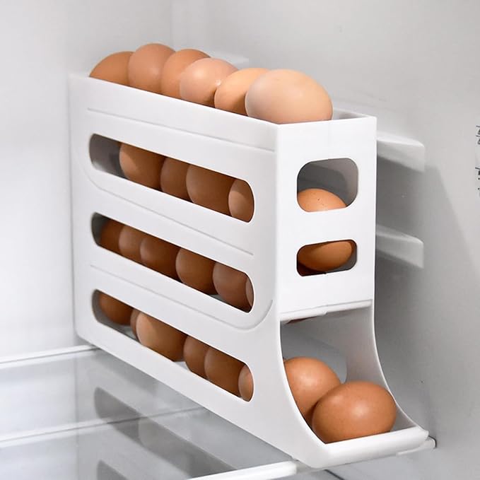 30 Eggs Egg Holder for Fridge - Auto Rolling Fridge Egg Organizer, Space-Saving Egg Dispenser Holder, 4 Tiers Fridge Egg Rack Large Capacity Egg Dispenser for Refrigerator (Grey)