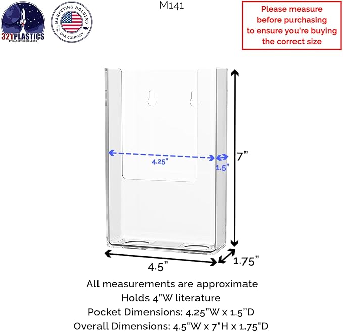 Marketing Holders 2 Pack Brochure Holder Tall Display 4 Inches Wall or Countertop Display TriFold Printed Media Rest Stops Maps Menus Theme Parks Transparent Organizer
