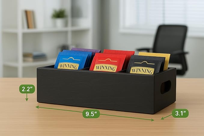 Moldie Black Wood Tea and Sugar Pack Organizers, Wooden Box with 3 Slots, Kitchen and Office Storage Organizers for Countertop
