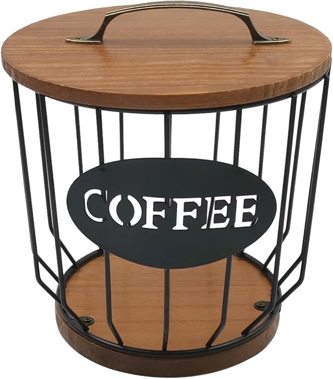 Round Coffee Pods Holder with Wooden Lid and Base,Wire Coffee Pods Storage Basket for Home Cafe Bar Countertop Decor(Black)