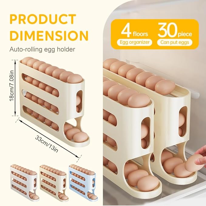 Egg Holder for Fridge, 2026 New Auto Rolling Fridge Egg Organizer, Egg Dispenser for Refrigerator, 4 Tiers Fridge Egg Rack for Refrigerator, Large Capacity/Holds 30 Eggs (White)