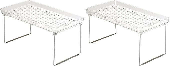 madesmart Medium Stackable Storage Shelf for Cabinets or Counters, Plastic Collapsible Cabinet Shelf for Home Organization, Clear (Pack of 2)