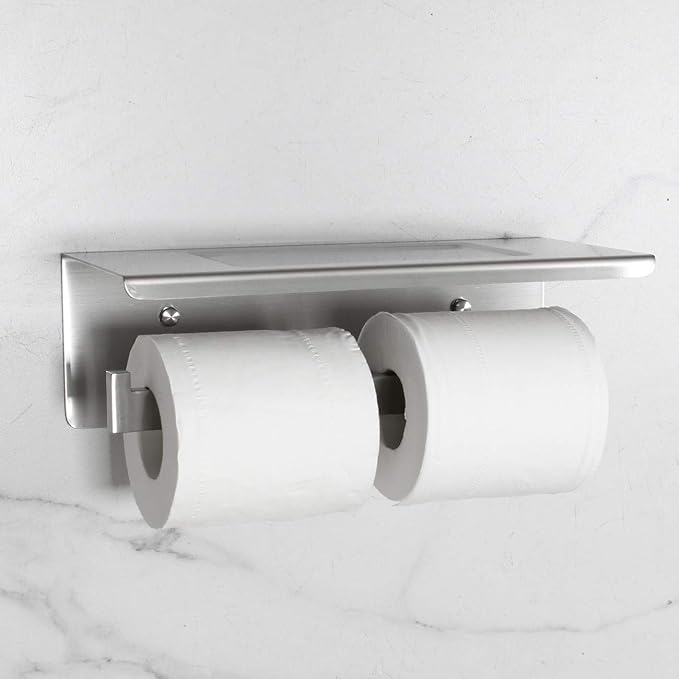Bathroom Toilet Paper Holder with Shelf, Stainless Steel Double Roll Toilet Tissue Holder Dual Wall Mounted for Mobile Phone Storage, Brushed Finish